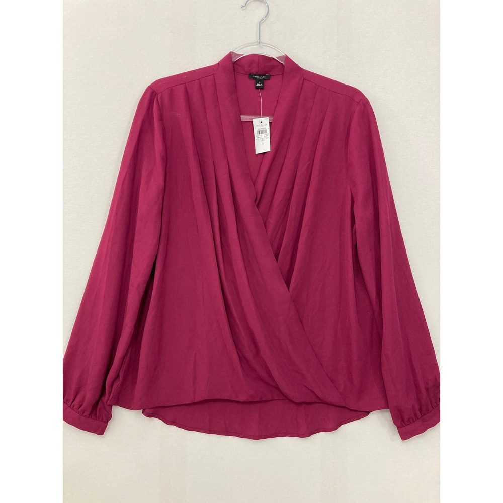 New Ann Taylor Surplice Blouse Large Berry Pink Wrap Preppy Long Sleeve‎ Office